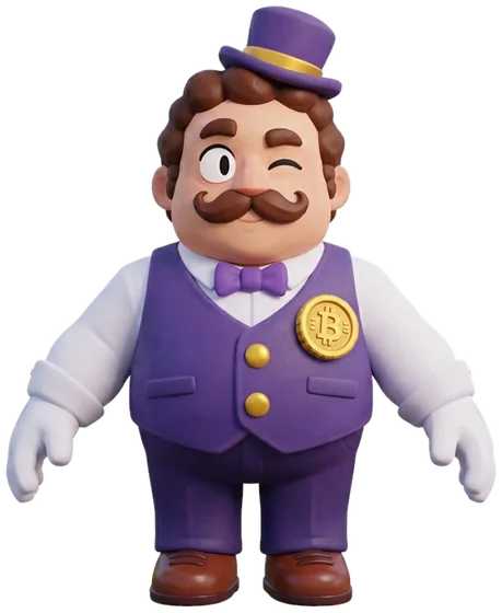 Banker: a winking hero with a purple top hat and a moustache