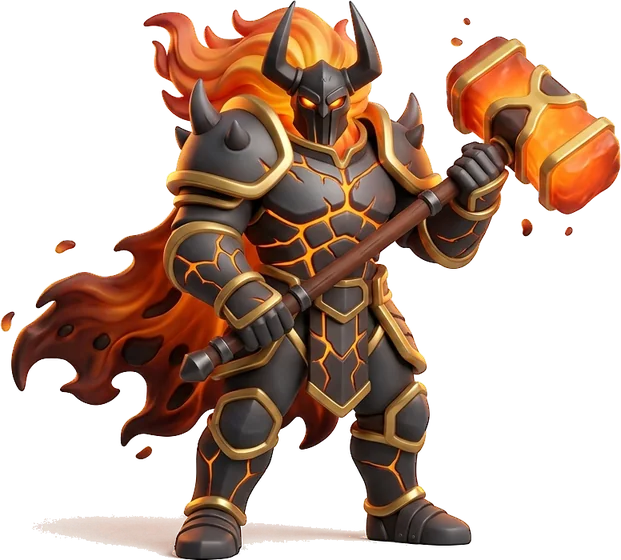 Blaze: a knight in cracked lava armour holding a glowing hammer