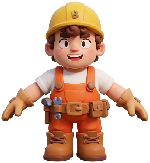 Builder: a smiling hero in a yellow hard hat and orange overalls